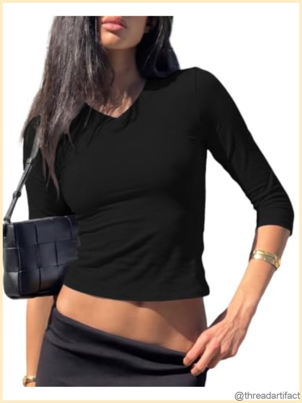 Women 3/4 Sleeve High V Neck Crop Top Slim Fit Summer Casual Tee